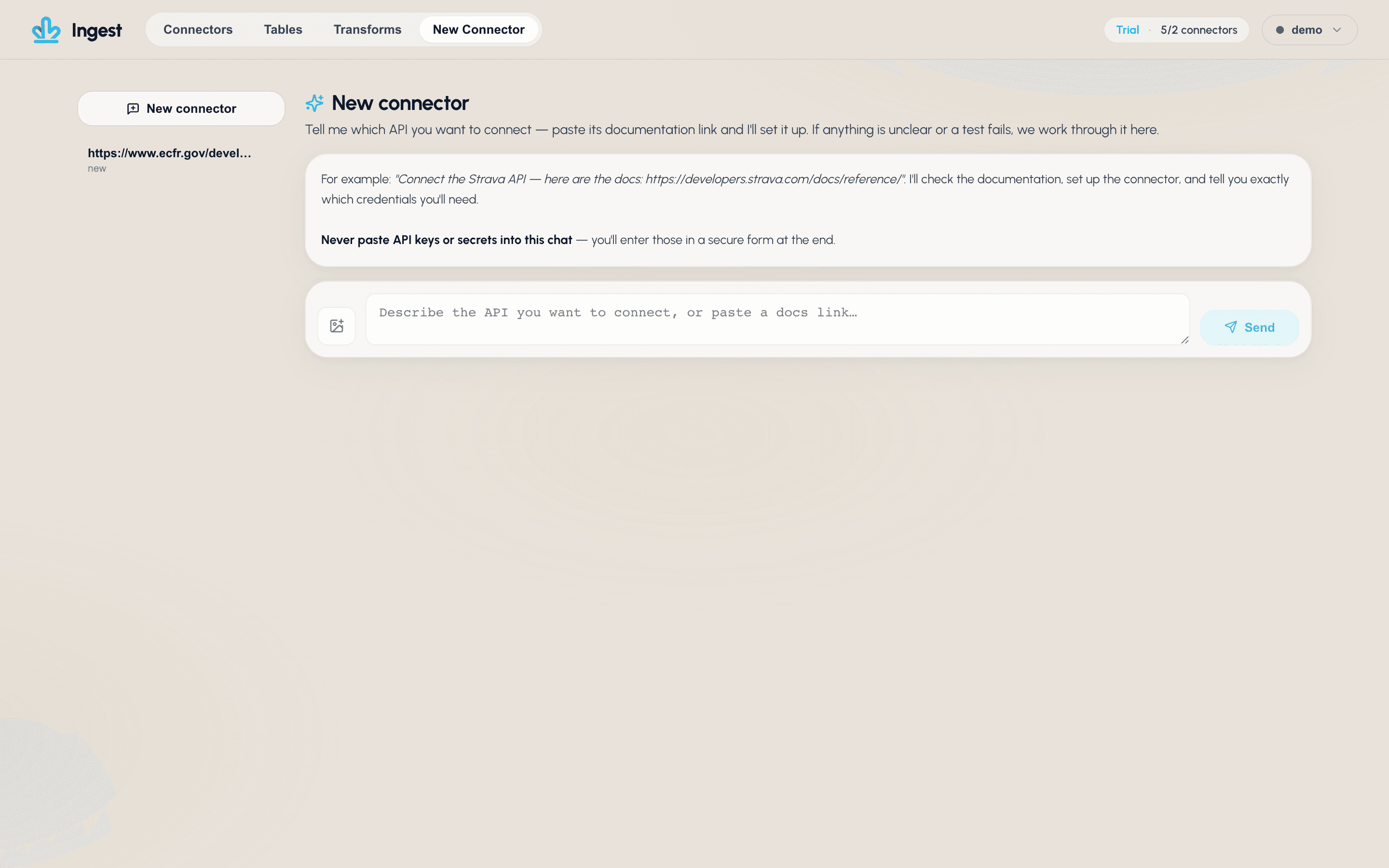 Ingest new connector chat where you paste an API documentation link and Ingest configures the connector